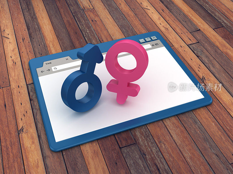 木地板背景上的性别符号Web浏览器- 3D渲染